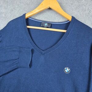 BMW V-Neck Sweater Mens XXL Navy Blue Cotton Cashmere Embroidered Logo Pullover